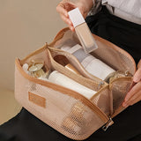 Mesh Cosmetic Bag, Foldable Travel Makeup Toiletry Bag, See Through Handheld Multi-Functional Storage Bag for Travel Essentials