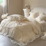 French Princess Bedding Set 4PCS Luxury All Cotton Lace Duvet Cover Set with Quilted Bedspread, Elegant Bedding Queen King Size