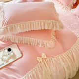 Korean style Princess lace bow bedding set pink sweet girl chiffon ruffles duvet cover bed sheet pillowcase wedding home textile
