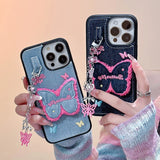 Embroidery Butterfly Jean Cloth Denim Case For iPhone 12 13 14 15 16 Pro Max 11 Phone Case with Pendant Keychain Soft Back Cover