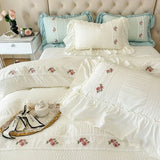 French Embroidered Lace Bubble Gauze Bedding Set Pink Elegant Princess Style Queen Duvet Cover Set Ruffled Comforter Cover Sets