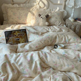 Korean Princess Style Flowers Print Ruffles 100% Cotton Bedding Set Duvet Cover Plaid Flat/Fitted Bed Sheet Pillowcases 3/4Pcs