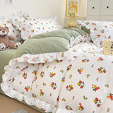 Princess Style Lace Ruffles Bedding Set Purple Tulips Duvet Cover and Flat Sheet Pillowcases Girls Romantic Floral Home Textiles