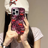 Rose Leopard Print Red Cherry Glitter Phone Case for IPhone 13 15 14 16 Pro Max Fashion Bling Shockproof Cover for Iphone 17 Pro