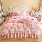 4/6Pcs White Pink 100% Cotton Princess Bedding Set Romantic Chiffon Lace Ruffles Duvet Cover Set Bed Skirt Bedspread Pillowcases