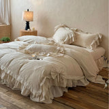 French Vintage Princess Style 4-Piece Bedding Set – Cotton Linen Blend with Lace and Bow Trim, Duvet Cover & Bedspread