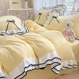Korean Princess White Bedding Set For Women Double Ruffle Lace Duvet Cover Full Queen Solid Color Comfortable Falt Bed Sheet Set
