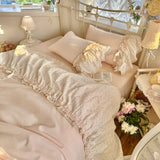 3/4Pcs Bedding Set French-Inspired, Girly, Princess-Style Bows and Lace Pink Duvet Cover Pillowcase Bedding Full Set Double Bed