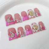 10pcs Ocean Style Fake Nails Duck Bill Press on Nails Set Handmade 3D Flowers Pearl Nail Art Gradient Blush French False Nails