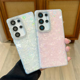 Luxury Glitter Rhinestone Camera Border Laser Love Heart Shell Pattern Phone Case For Samsung Galaxy S25 S24 FE Ultra Plus Cover