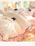 Korean Princess Style With Black Bow Lace Ruffles Pleat Milk Velvet Bedding Set Bedroom Decor Duvet Cover Bed Sheet Pillowcase