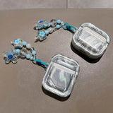 Luxury Bling Blue Floral Fresh Flower Case For AirPods 1 2 3 Case For Airpods 4 Pro Bluetooth Earphone Cover with Beads Keychain