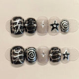 10pcs Handmade False Nails Art Wearable Cartoon Cute Cat Pattern Short Square Press on Nails Tips Bow Design Black Fake Nail Set