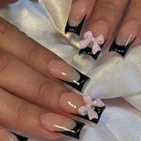 Black French Tips Press on Nails 3D White Bowknot Alloy Stars Designs Fake Nails Ballet Charms False Nails Korean Manicure