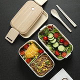 Portable Double Lunch Box, Wooden Lunch Box with Chopsticks and Spoon Food Storage Box Bento Box for Students and Workers