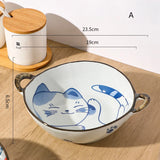 7.5inch Japanese Noodle Bowl With Dual Handles Cat Ceramic Salad Bowl Cat Plant Flower Pattern Kitchen Soup Tableware Bowl