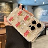INS Cute Glitter 3D Cherry Bow Clear Phone Case For iPhone 16 15 14 13 12 11 Pro Max Pearl Shockproof Phone Case Cover