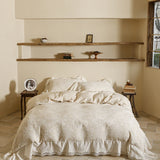 Cotton and Linen Vintage Hollow Lace Edge Bedding Set Queen King Size Duvet Cover Set Flat/Fitted Bed Sheet Pillowcases 4Pcs