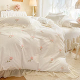 Rose Embroidery Lace Ruffles Princess Wedding Bedding Set 100% Cotton Duvet Cover Lace Edge Bed Sheet Bed Skirt Pillowcases 4Pcs