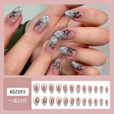 Blue Plaid French Style Fake Nails Y2K Star Diamond Designs Almond Press on Nails Sweet Girls Wearable False Nails Tips 24Pcs