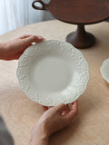 White Relief Dining Plate French Household Ceramic Round Plates Solid Color Dessert Flower Dish Simple Versatile Tableware