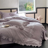 Flowers Embroidery Ruffles Purple Luxury Bedding Set 1000TC Egyptian Cotton Duvet Cover Flat/Fitted Bed Sheet Pillowcases 4Pcs