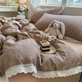 Korean Style Girly Heart Floral Double Layer Gauze Four-Piece Set Princess Style Lace Trim Quilt Cover Bed Sheet Dormitory