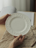 French Relief Dining Plate Household Breakfast Bread Disc Nordic Style White Ceramic Tableware Retro Versatile Dessert Plates