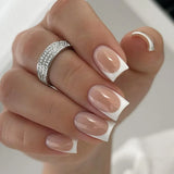 24Pcs Simple French Fake Nail with Gradient White Design Short Square Head False Nails Wearable Finished Manicure Press on Nails