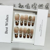 10Pcs Handmade Press on Nails Leopard Print Rhinestone Design Blush False Coffin Nail French Cat Eye Ballerina Wearable Manicure
