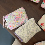 Pink Floral Print Mini Cotton Pouch for Women, Small Coin Purse & Card Holder for Lipstick & Earphone, Summer New Portable