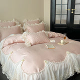 Pink Egyptian Cotton Princess Bedding Sets Luxury Chiffon Lace Embroidery Ruffles Duvet Cover Bed Sheet Pillowcases