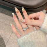 Glitter Golden False Nails Long Coffin Ballet Fake Nails with Glue Cat Eye Press on Nails Wearable Full Cover Nail Tips for GIft