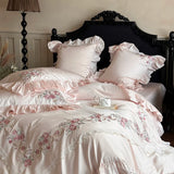Rose Flowers Embroidery Lace Ruffles Luxury Bedding Set 1000TC Egyptian Cotton Duvet Cover Set Flat/Fitted Bed Sheet Pillowcases