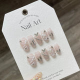 10Pcs Pink Handmade Press on Nails Full Cover Cat Eye Butterfly French Rhinestone Ballet Artificial Fake Nails Wearable Manicure