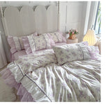 Pink Floral Double Layer Lace Ruffles 100% Cotton Bedding Set Duvet Cover Set Bed Sheet/Bed Skirt/Fitted Sheet Pillowcases 4Pcs