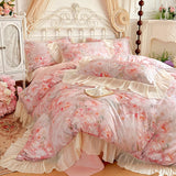 Egyptian Cotton Bedding Set Luxury Flowers Printing Lace Princess Duvet Cover Sets Fitted Bed Sheet Pillowcases Home Textile