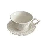 French Relief Coffee Cup Dish Set Exquisite Household Ceramic Drinking Cups With Handle White Round Plates 2Pcs Drinkware Suit