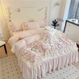3/4Pcs Princess Style Pink Floral Print Lace Ruffle Boiled Cotton Bed Set Queen Size Double Bed Linen Full-Size For Room