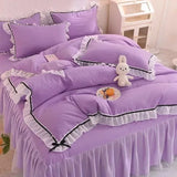 Checkered Bedding Set Bed Skirt Ruffle Lace Princess Style Girls Duvet Cover Simple Solid Color Home Textiles Decor Bedroom