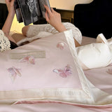4Pcs Light Luxury Style Girlish Heart 100% Cotton Butterfly Embroidered Pink Cotton Duvet Cover 200x230 220x240 Four Seasons