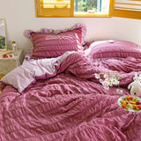 Seersucker Princess Girl Kawaii Bedding Set Lovely Ruffles Home Woman Duvet Cover Set Luxury Solid Color Pleated Bedding Sets