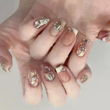 10Pcs French Pearls Press on Nails Short Square Fake Nails Pink Heart Star False Nails Cat Eye Glitter Diamond Acrylic Nail Art