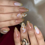 24pcs Red French Press on Nails Almond False Nails 3D Flowers Stick on Nails Sweet Cool Golden Line Nail Rhinestone Fake Nail