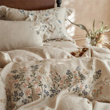100% Pure Linen Flowers Embroidery Ruffles Luxury Queen King Size Bedding Set Natural Flax Duvet Cover Bed Sheet Pillowcase 4Pcs