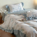 4Pcs Lyocell Soft Silky Cooling Summer Bedding Set Rose Floral Prints Ruffles Duvet Cover Set Bed Sheet/Fitted Sheet Pillowcases