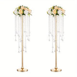 2/10 Set of Metal Gold Vases,29.6 Inch Height, Chandelier Crystal, Elegant Design, Rust-Proof, Wedding, Party, Event, Home Deco