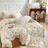 3/4Pcs Vintage French Floral Ruffles Knitted Cotton Double Yarn Soft Skin-friendly Bedding Set Duvet Cover Bed Sheet Pillowcases