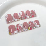 10Pcs Pink Handmade Press On Nails Full Cover Bear Heart Design Short Round Rhinestone False Nails Wearable Manicure Nail Tips