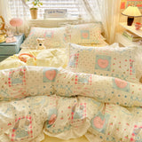 Korean Princess Style 4Pcs Floral Ruffles Bedding Set Single Queen Size Soft Skin-friendly Washed Cotton Duvet Cover Pillowcase